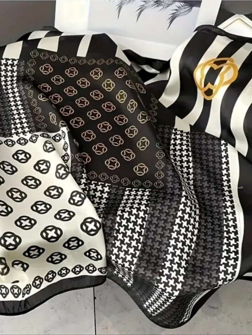 Black & Cream Striped Logo-Pattern Silk Scarf